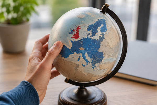 Hand houdt wereldbol vast met focus op Europa en het Verenigd Koninkrijk als symbool voor internationale handel en de impact van de Brexit.