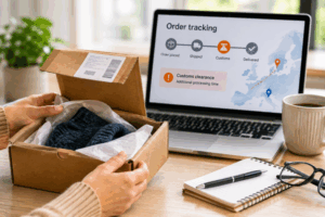 Persoon pakt een online bestelling uit aan bureau met laptop als symbool voor internationale verzendingen en de impact van Brexit op consumenten.